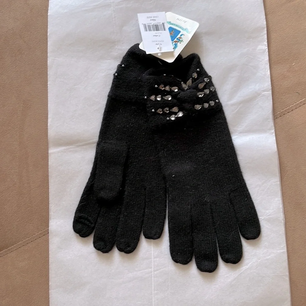 Portolano Black Knit Gloves – Rhinestone Bow Detail, One Size
